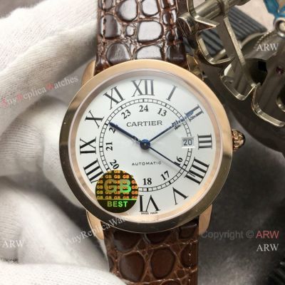 (GBF) Swiss Replica Cartier Ronde Solo De Watch Rose Gold Brown Leather Strap